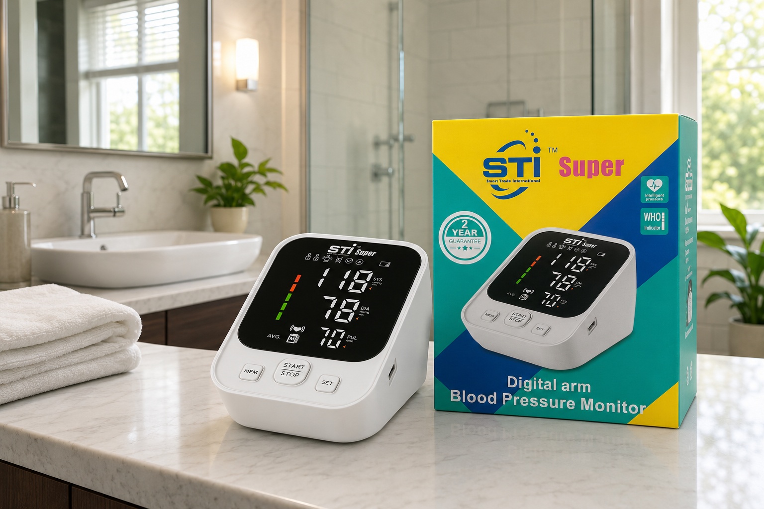 STI Super Digital Arm Blood Pressure Monitor with Voice, WHO Indicator, 2×90 Memory & 22–32 cm Cuff