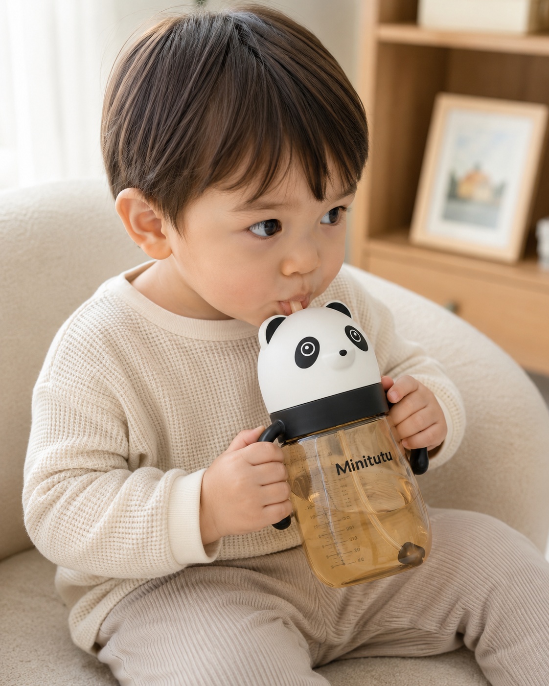 Minitutu Panda PPSU Baby Feeding Bottle 330mL with Handles, Gravity Ball Straw & Cross-Cut Nipple for 9+ Months