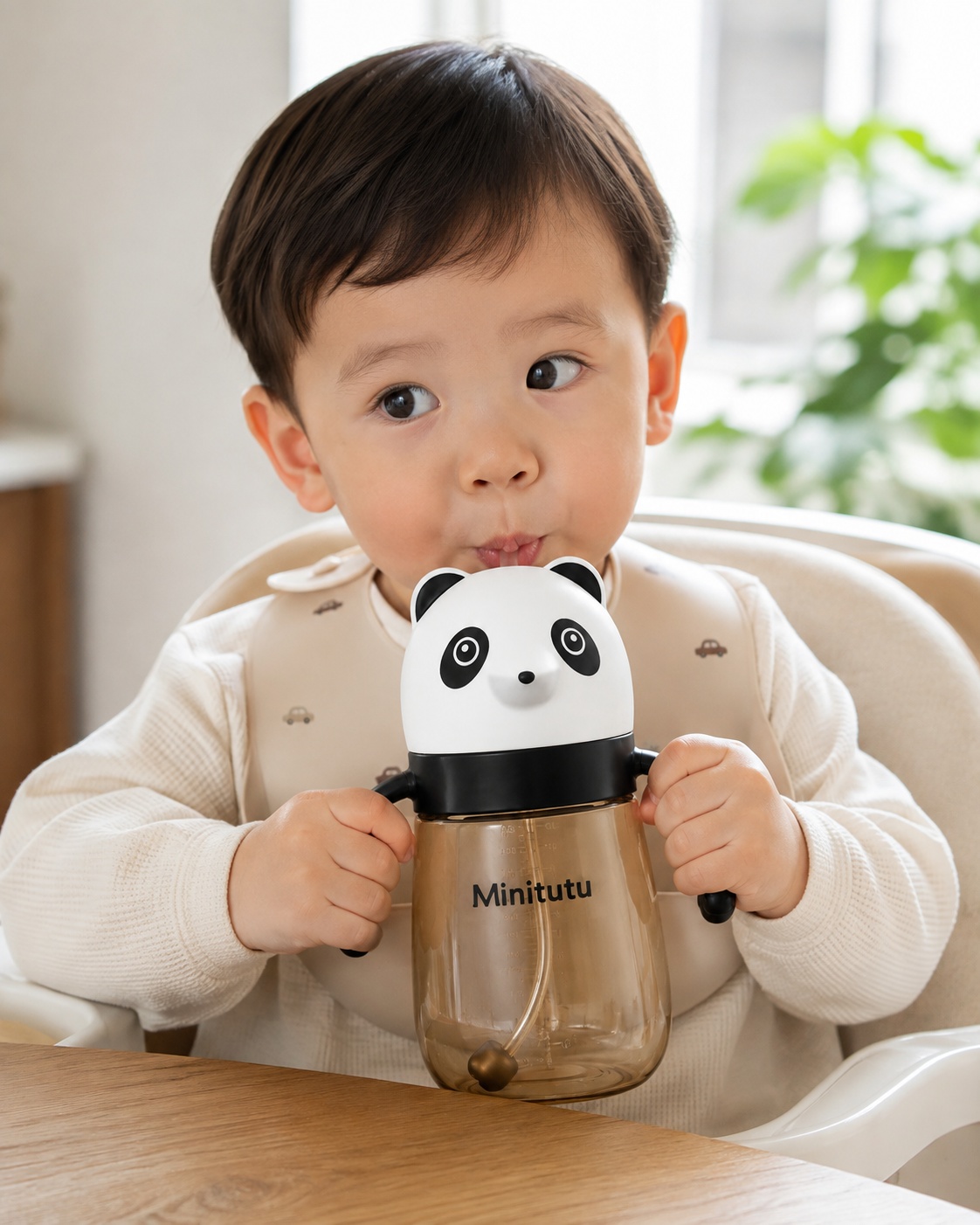 Minitutu Panda PPSU Baby Feeding Bottle 330mL with Handles, Gravity Ball Straw & Cross-Cut Nipple for 9+ Months