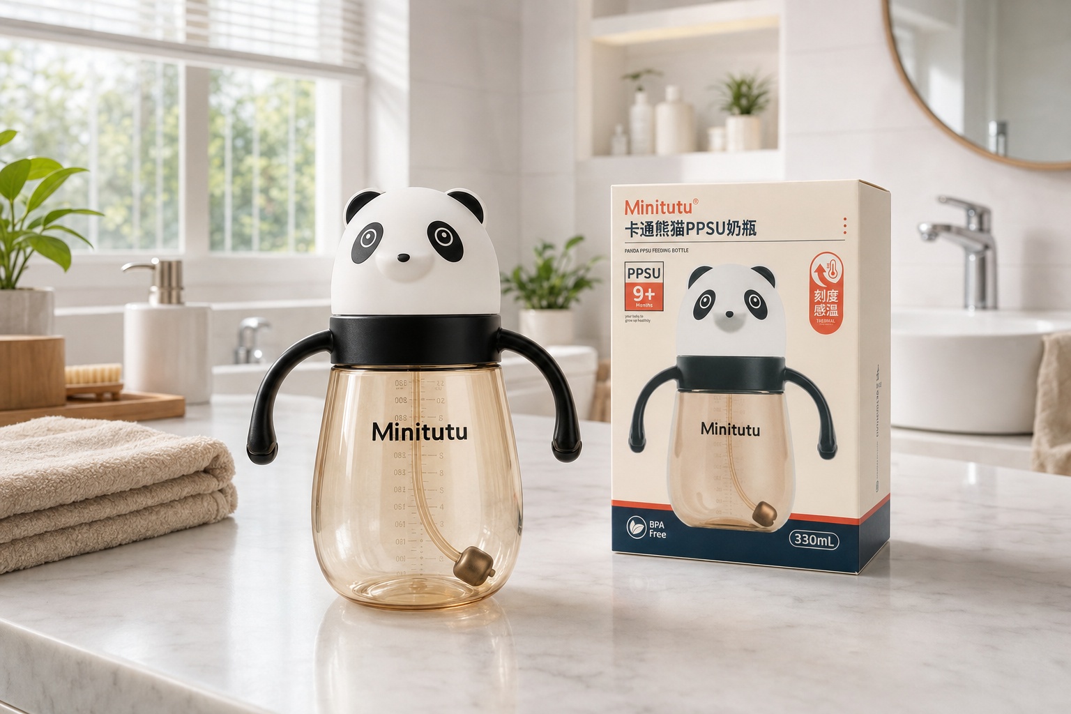 Minitutu Panda PPSU Baby Feeding Bottle 330mL with Handles, Gravity Ball Straw & Cross-Cut Nipple for 9+ Months
