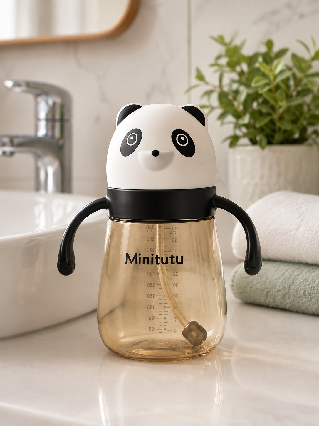 Minitutu Panda PPSU Baby Feeding Bottle 330mL with Handles, Gravity Ball Straw & Cross-Cut Nipple for 9+ Months