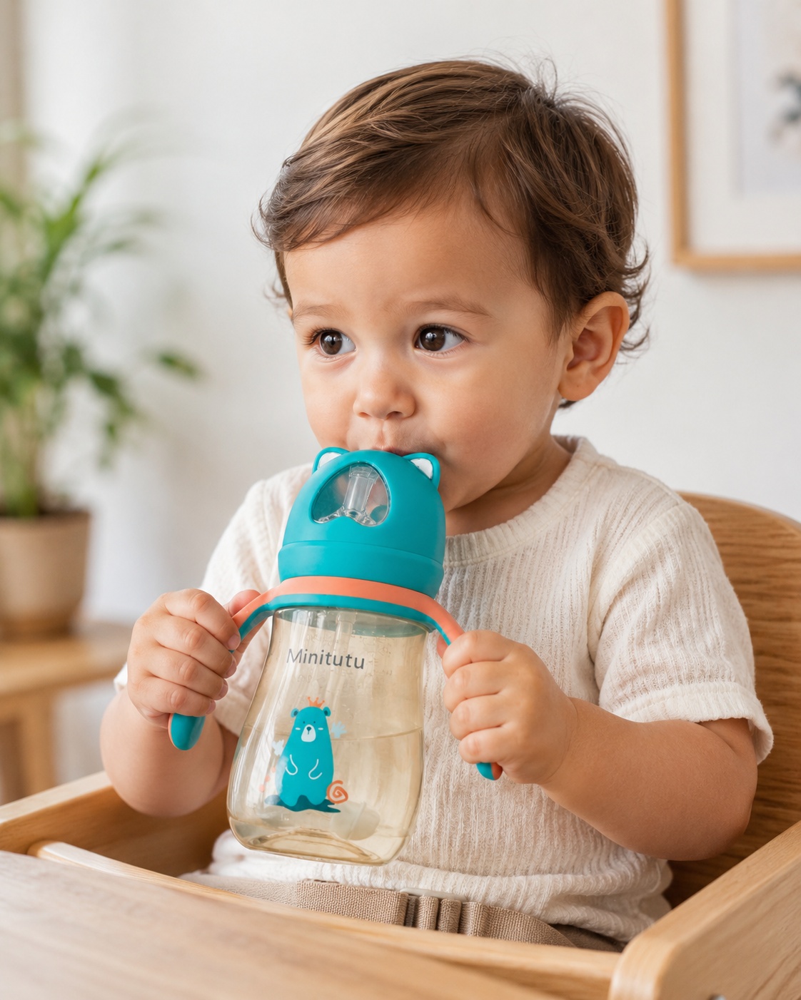 Minitutu Bear PPSU Straw Cup 300mL for 9+ Months | BPA-Free Training Cup with Handles & Silicone Straw